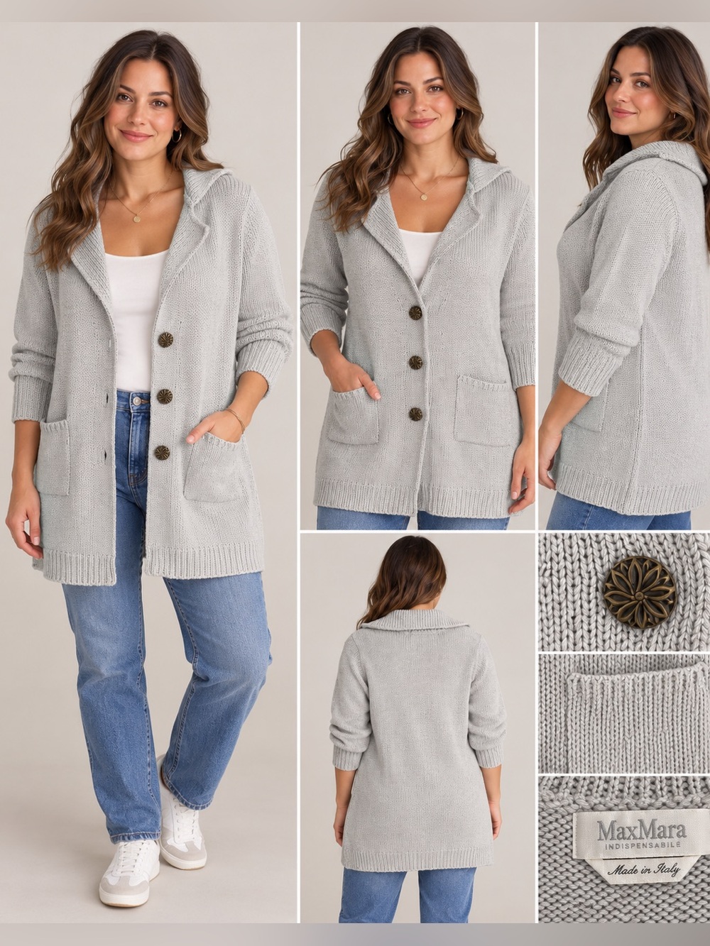 Max Mara Indispensabile Made in Italy Gray Metallic Knit Long Cardigan Size M